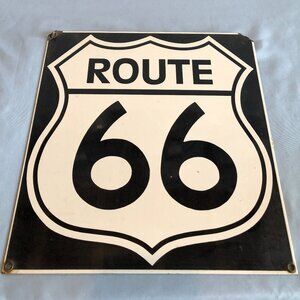 VINTAGE Ande Rooney Porcelain Enameled on Metal ROUTE 66 12" x 11.25" Sign #F74